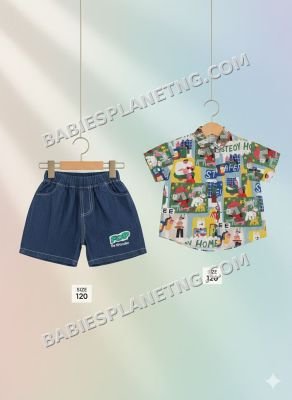 vibrant print shirt and denim short 6-7 yrs