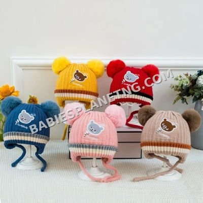 Infant Soft Fleece-Lined Knit Hat with Double Pom-Poms &amp; Ear Flaps