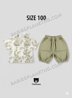 patterned short sleeved top and barrel style shorts