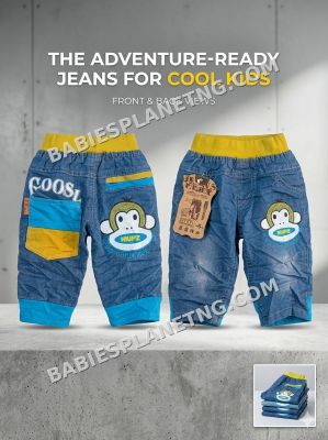 blue denim with monkey graphics