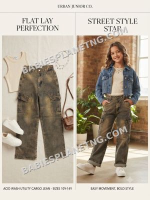 Kids Acid Wash Cargo Jeans