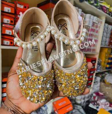 Gold sequin and faux pearl flat sandals